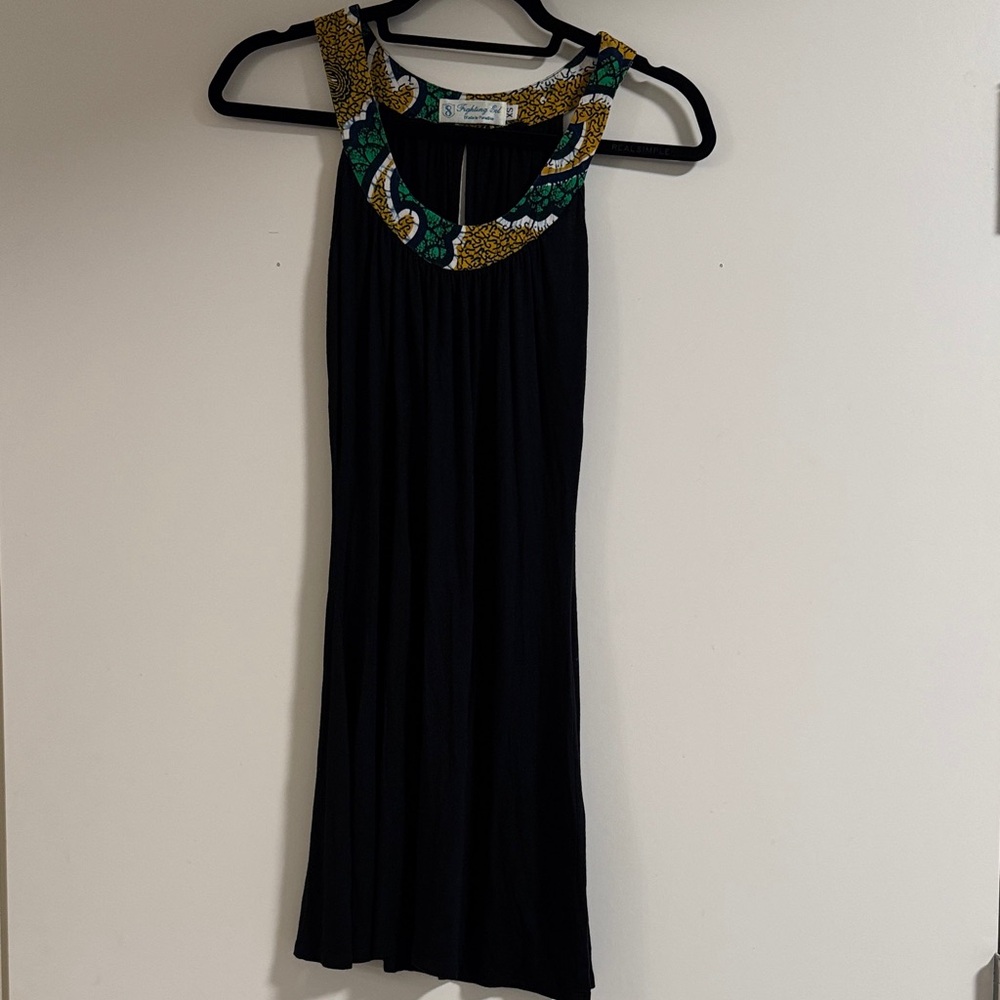 Fighting Eel Black Dress with Vibrant Patterned Neckline
